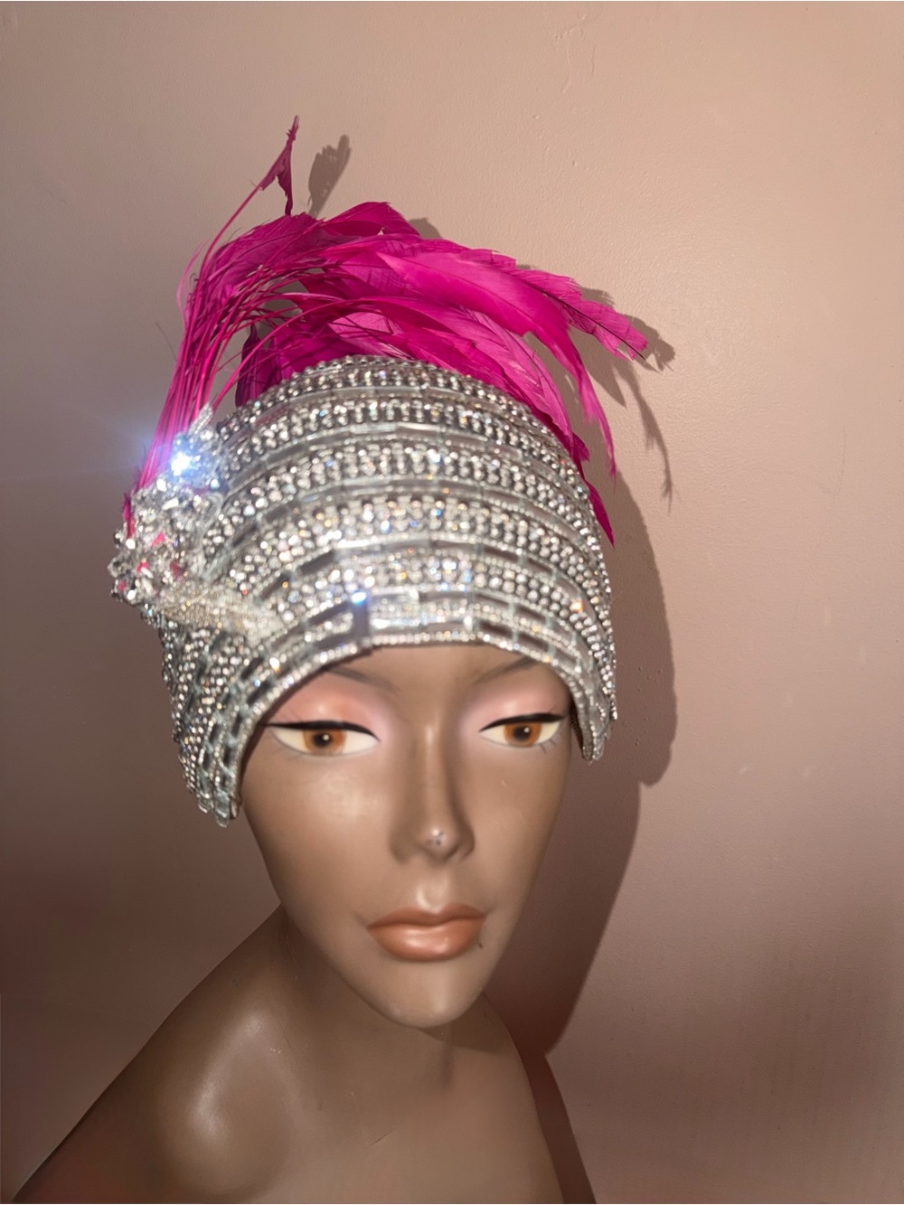 Crystal Beaded Flapper full dome cap with Hot Pink Feathers